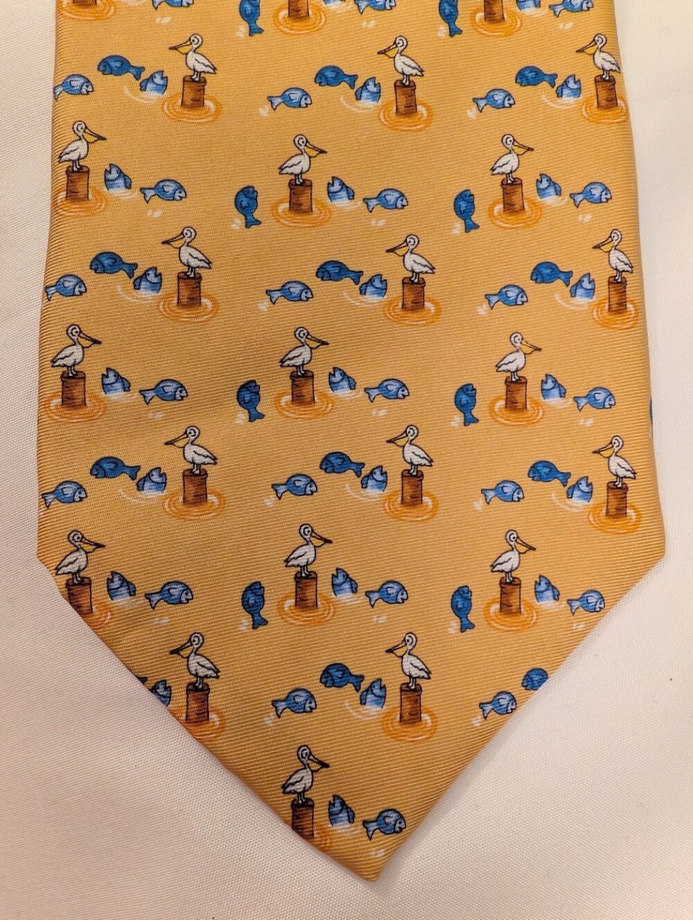 Tom James Executive Collection Silk Yellow Necktie NWT AOP Pelican Fish Nautical